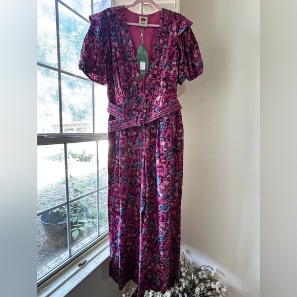 FARM Rio Floral Birds Blush Jumpsuit with Puff Sleeves Size: XL - Picture 2 of 16
